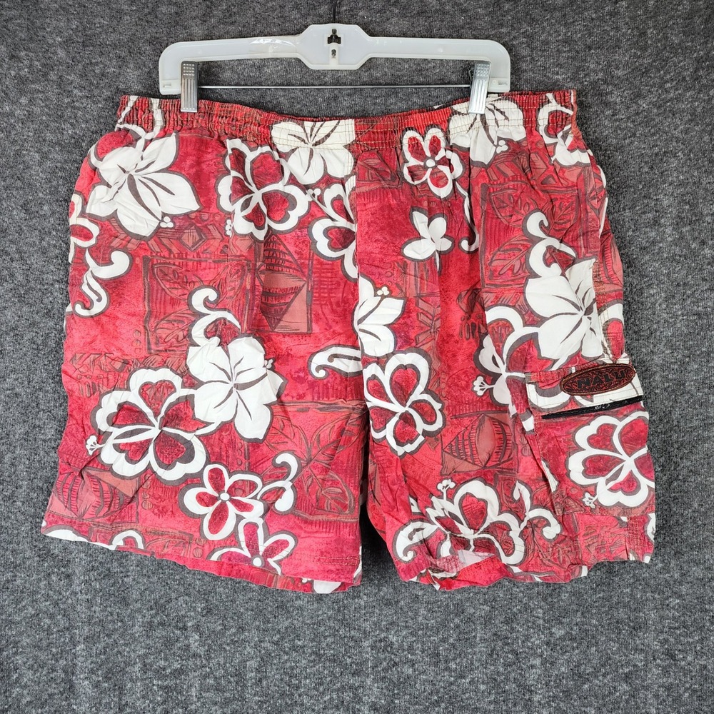 Nalu Cargo Shorts Mens XL Red White Hibiscus Floral Print Tropical Cotton